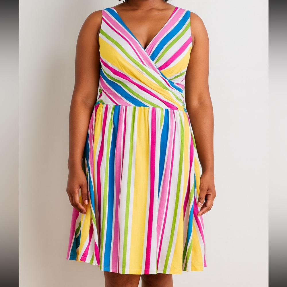 🌈 Lands’ End Colorful Striped Sleeveless V-Neck Dress (Size M 10–12)